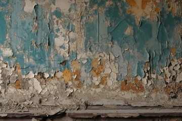 Peeling paint on the wall. concrete wall with old cracked flaking paint,  Created using generative AI tools.