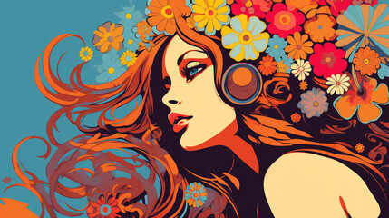 Hippie girl in pop art comic style, retro hippie woman with blonde hair and flower vector illustration,  Created using generative AI tools - obrazy, fototapety, plakaty