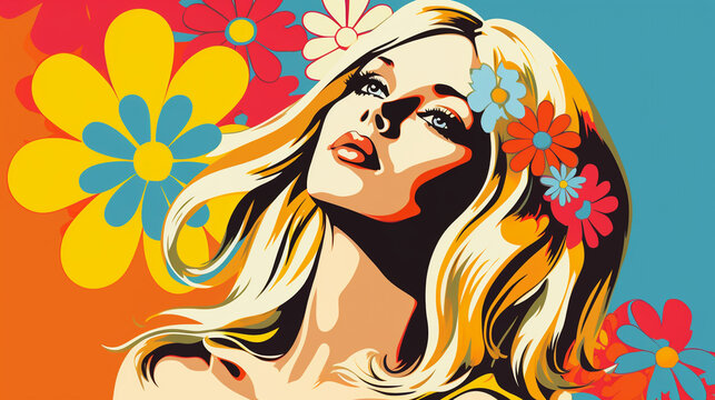 Hippie girl in pop art comic style, retro hippie woman with blonde hair and flower vector illustration,  Created using generative AI tools
