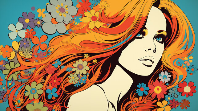 Hippie girl in pop art comic style, retro hippie woman with blonde hair and flower vector illustration,  Created using generative AI tools