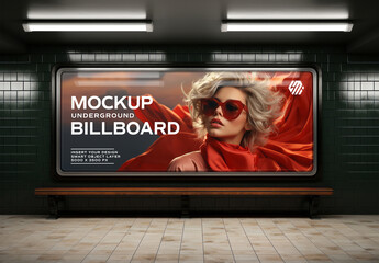 Billboard on Dark Green Underground Wall Mockup. Generative Ai