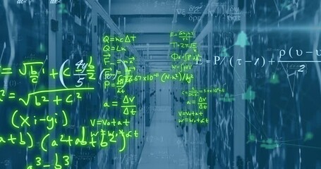 Animation of mathematical equations over connected dots on data server racks in server room - Powered by Adobe