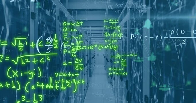 Animation of mathematical equations over connected dots on data server racks in server room - Powered by Adobe