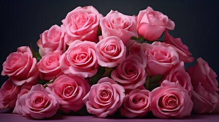 Bouquet of pink roses on a dark background. Close-up. Fresh bright pink roses bouquet.