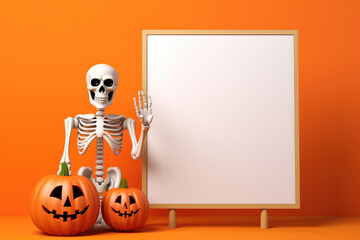 Friendly and cute skeleton figurine in a hat with a whiteboard mockup for Halloween
