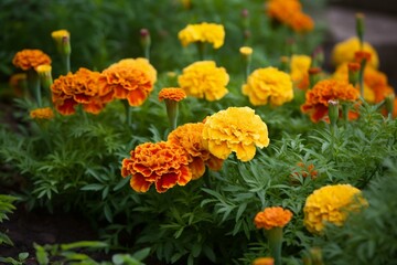 A cluster of bright marigolds adding color to a flowerbed. Generative AI