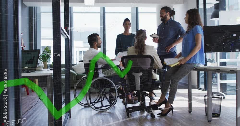 Aufkleber animation of graphs, changing numbers, diverse disable manager discussing reports with coworkers