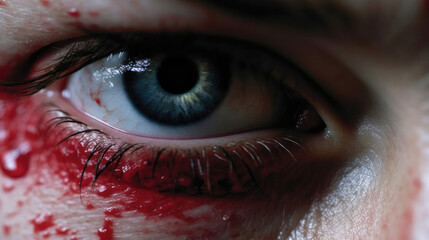 Close-up of a girl with a bloody face and watery eyes