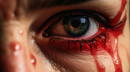 Close-up of a girl with a bloody face and watery eyes - obrazy, fototapety, plakaty