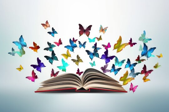 Open book with butterflies. Open pages old magic book with colorful butterflies on white background. Fairytale, education, storytelling, fantasy and literature concept