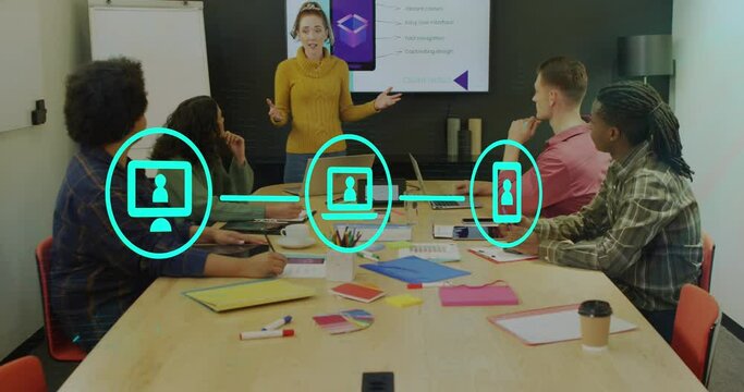 Animation of flowchart of icons over diverse female manager explaining strategy to coworkers