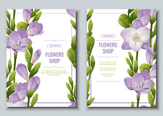 Set of flyer with freesia flowers. Beautiful backgroundwith purple flowers and buds. Spring card, banner, wedding invitation
