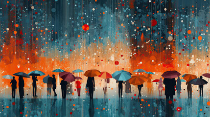people with an umbrella in raining days. - obrazy, fototapety, plakaty