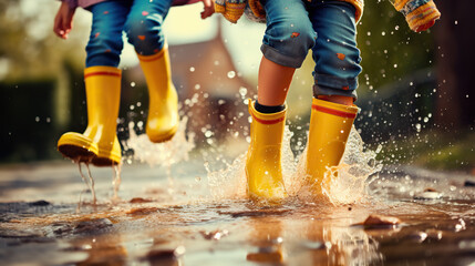 Several children wearing rain yellow boots, jumping and splashing in puddles as rain falls around them. The shot convey a strong summer vibe, be a close. - obrazy, fototapety, plakaty