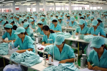 Asian workers on clothing factory assembly line clothes manufacturing cotton factory wear dressing production engineering mechanics technicians industrial warehouse technology hard labor workers shift