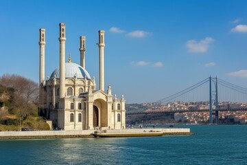 Fototapeta na wymiar Ortakoy Mosque in Istanbul with Bosphorus Bridge in the background. Generative AI