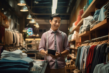 The harmony of online and offline retail, with a shop owner using their laptop for inventory management and their phone for in-store customer assistance.