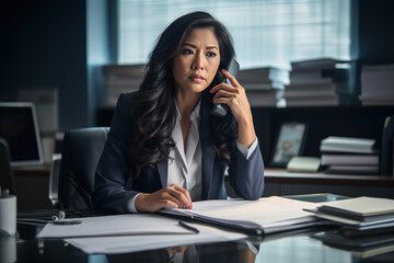 Serious Asian business woman talking on mobile phone writing notes in note paper in office employee checking financial documents working with statistics consulting clients on phone