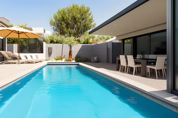 Fototapeta premium Sunbeds and dining zone near pool in backyard of modern house. Luxury swimming pool