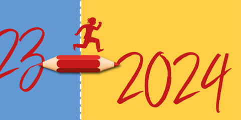 Carte de vœux 2024 symbolisant le passage à la nouvelle année avec une ligne traversée par un crayon rouge. - 639518043