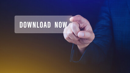 Businessman pressing button download now on virtual screens, business, technology, internet and networking concept.