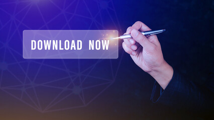 Businessman pressing button download now on virtual screens, business, technology, internet and networking concept.
