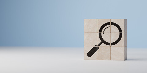 Identify and clarify concept.. Define problems to find solution. Wooden cubes with magnifying glass...