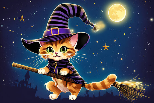 Magical drawing for Halloween Witch's Whiskers: A witch cat in a hat on a broom on a Halloween night under a magic moon