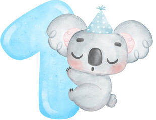 Cute birthday koala with blue number 1, one, cartoon watercolour illustration 