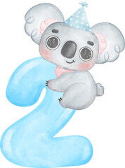 Cute birthday koala with blue number 2, two, cartoon watercolour illustration  © Natsicha