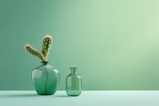 Minimalistic still life with green glass vase and mini cactus plants