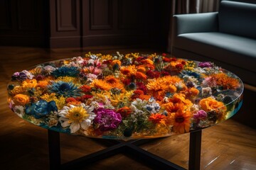 Table made of resin featuring an arrangement of vibrant flowers. Generative AI
