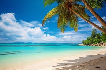 Fototapeta na wymiar Tropical paradise - sandy shoreline along Caribbean coast framed by turquoise blue water. Generative AI