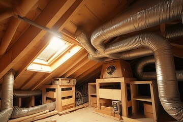 HVAC system and ducts in a well-insulated attic. Generative AI - obrazy, fototapety, plakaty