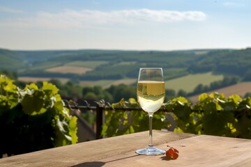 Enjoy premier cru sparkling white wine on outdoor terrace with a view of colorful vineyards in Hautvillers, France. Generative AI