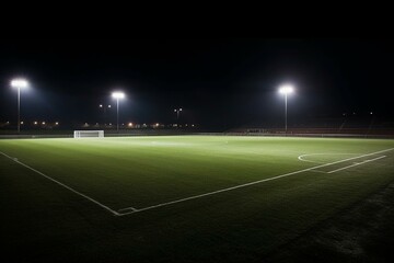 well-lit football pitch in an unoccupied stadium. Generative AI
