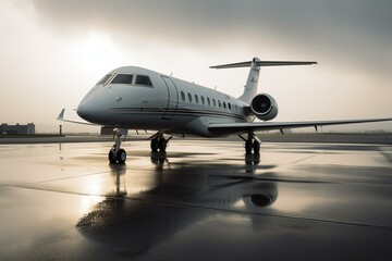A high-end private jet parked on the airport runway. Generative AI