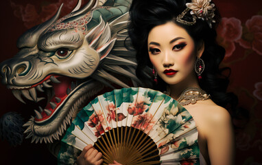 Chinese Girl with Fan and Dragon Symbol: New Year  Celebration. Lunar year concept