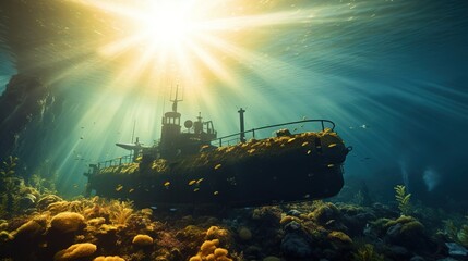 Submarine in the depths of the sea, sun rays under water. Created with Generative Ai technology.