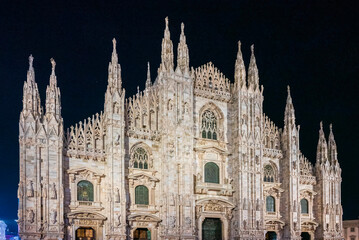 Night shot of the front entrance of Milan Cathedral