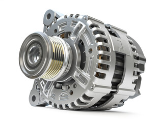 Automotive power generating alternator, generator isolated on white  Car parts and car repair service.