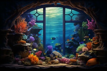 Window with view of the underwater world. Generative AI