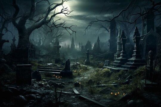Enchanting graveyard exuding an eerie ambiance, where legends and fables materialize. Generative AI