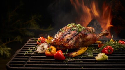 Grilled chicken legs on the grill with vegetable and side dishes consist of lemon, tomatoes, rosemary, salt, peper, with fired smoke for luxury delicious dinner meal, food and beverage, health concept - 639520473