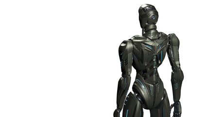 3d rendering of detailed futuristic robot or alien humanoid cyborg. Back view of the upper body isolated on transparent background with empty space for text