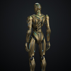 Fototapeta na wymiar 3d rendering of detailed futuristic robot or alien humanoid cyborg. Back view of the upper body isolated on dark background