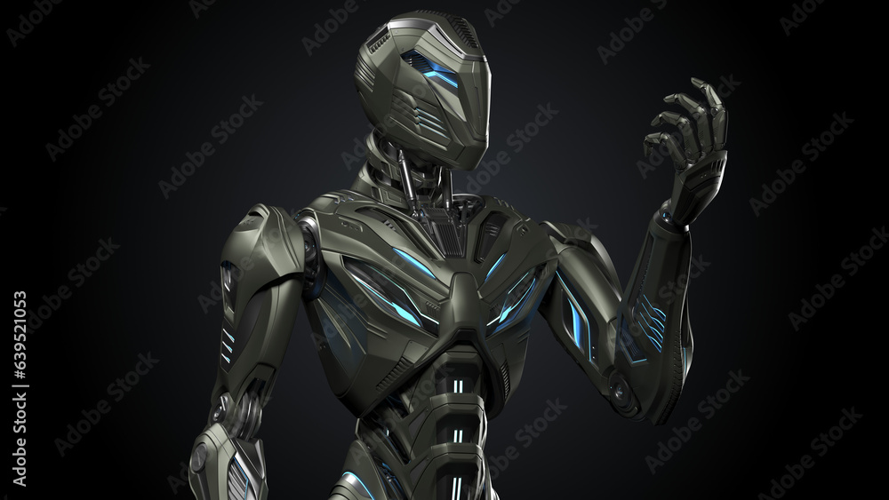 Poster 3d rendering of detailed futuristic alien robot or humanoid cyborg looking at his arm. front view of