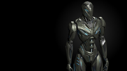 Fototapeta na wymiar 3d rendering of detailed futuristic robot or alien humanoid cyborg. Front view of the upper body isolated on dark background with empty space for text