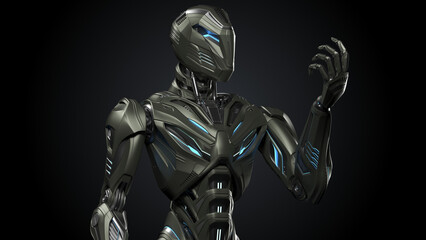 3d rendering of detailed futuristic alien robot or humanoid cyborg looking at his arm. Front view of the upper body. Isolated on dark background