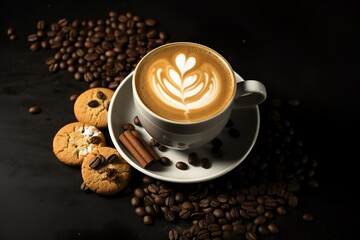 top view coffee latte with cookies and coffee beans